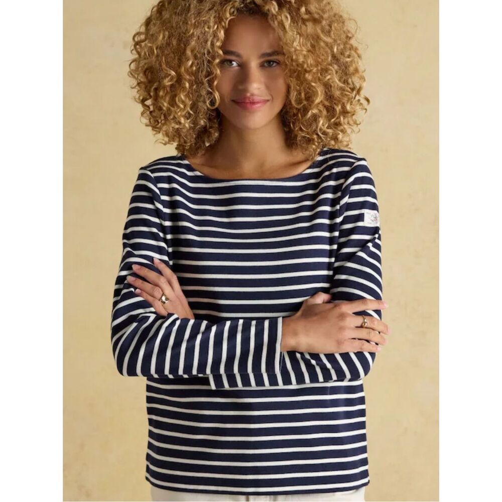 Joules Harbour boatneck Navy and White Striped Long Sleeve Tee size Small